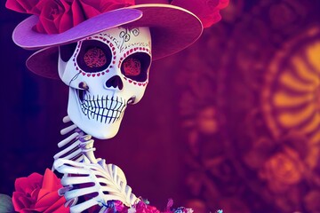 3D Rendering Catrina skeleton in red dress and hat holding a sugar skull with hand drawn flowers behind on purple background