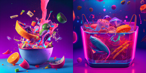 Canvas Print - Futuristic cyberpunk food, ramen,  drinks, 3d render of a symbol glittering on night, neon tubes, neon lights collection, aquarium with fruits, assorty 