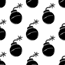 Bombs Seamless Vector Pattern. A Round Metal Grenade With A Burning Wick. Illustration Isolated On White Background. Dangerous Explosive Weapon. Black Silhouette Of Dynamite. For Wallpaper, Textile