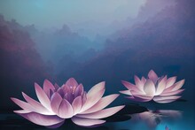 Traditional Indian Mughal Purple Lotus Flower Lake And Hill Illustration. Chinese Blue Lake