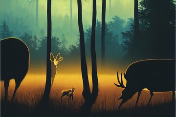 Wall Mural - Hog deer are silhouette with beautiful forest landscape in the morning time.