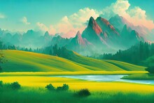 Creative Illustration And Innovative Art Color In Nature! The Mountain, River And Green Grass. Realistic Fantastic Cartoon Style Artwork Scene, Wallpaper, Story Background, Card Design