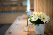 Decorative Artificial Flower At Cafe, Flowers In White Pots
