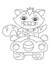 Wall Mural - cartoon cute cat in car for coloring page vector illustration