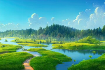 Wall Mural - Cartoon nature landscape, summer forest panoramic background with lake, trees, bushes and green rural fields under blue sky with fluffy clouds, scenery woodland at day time, illustration