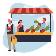 Seller And Customer Market Vegetables Stall Man And Woman Vector