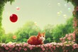 © AkuAku - Fluffy red cat lies on balcony enjoying nature, warm spring days. Floating cute magic frame in colorful garden, green leaves of bushes, flying bubbles. 3d render in minimal art style on beige backdrop