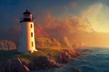 Light House With Beautiful Nature Scenery Digital Art 3d Illustration