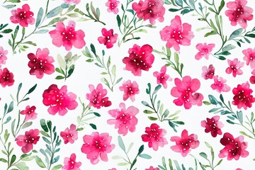 Wall Mural - Seamless watercolor floral pattern pink blush flowers elements, green leaves branches on white background; for wrappers, wallpapers, postcards, greeting cards, wedding invites, romantic events.