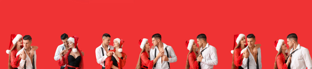 Poster - Collage of sexy young couple on red background. Christmas celebration