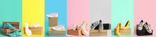 Set Of Cardboard Boxes With Stylish New Shoes On Color Background