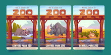 Zoo Posters With African Animals And Entrance With Wooden Arch. Zoological Park Invitation Flyers With Cute Hippo, Rhino And Crocodile Characters, Vector Cartoon Illustration
