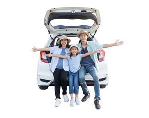 Happy asian family with kid sitting in car trunk summer vacation concept, isolated background