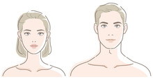 Female And Male Faces. Vector Illustration In Line Drawing, Isolated On White Background.