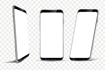 Aufkleber - Mobile phone mockup 3d set in realism design. Bundle of smartphone presentation template, generic device with empty screen in different angles of view isolated realistic elements. Vector illustration