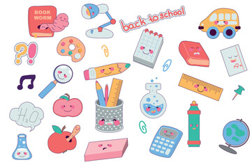 Poster - Back to school set in cartoon design. Bundle of cute faces characters at book, lamp, ruler, pencils, test tubes, calculator, magnifier, stationary and other isolated flat elements. Vector illustration