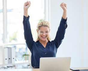 Canvas Print - Winner, success and business woman with laptop celebrate job satisfaction, promotion or successful project deal in office. Yes, achievement and celebration of victory with corporate, company and tech