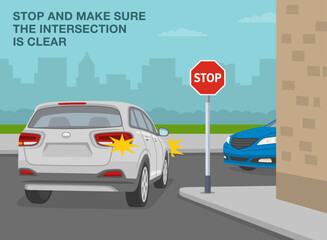 Wall Mural - Safe car driving tips and traffic regulation rules. Suv turns right on sharp turn with 