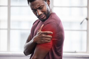 Canvas Print - Man, shoulder pain and inflammation from sport exercise workout. African american athlete, frustrated black man and arm muscle injury or medical accident emergency during healthy fitness training