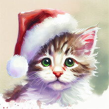 Watercolor Cute Kitten Cat On The White Background. Animal Watercolor Digital Draw Art Illustration.Graphic For Fabric, Postcard, Greeting Card, Painting Portrait Head Cat Christmas Santa Hat, Kitten.
