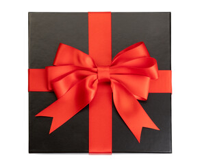 Wall Mural - black gift box with red bow and ribbon isolated. top view