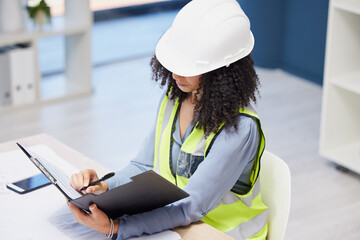 Poster - Document, writing and construction worker or engineer black woman paperwork, insurance checklist and logistics management in office. Builder, contractor or architect project planning site development