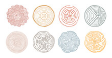 Tree Ring Wood Circle Set. Hand Drawn Tree Ring Pattern, Line Ripple Circle Wood Texture. Wood Organic Slice Line Design. Vector Illustration.
