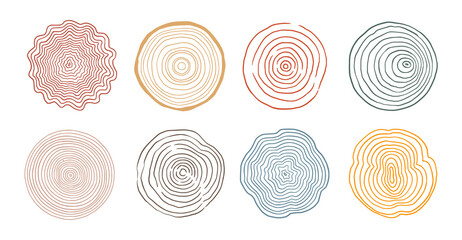 tree ring wood circle set. hand drawn tree ring pattern, line ripple circle wood texture. wood organ