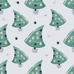 Simple cute New year or Christmas seamless pattern with Christmas tree and glass balls on grey background. Vector illustration for wrapping paper,  product design, banners cards in cartoon doodle styl