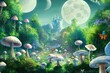 fantastic wonderland landscape with mushrooms, lilies flowers, morpho butterflies and moon. illustration to the fairy tale Alice in Wonderland