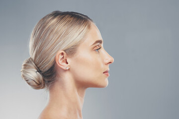 skincare, profile and side face of a woman for dermatology, wellness and natural beauty against a gr