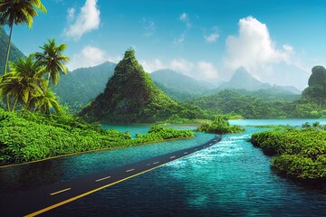 Sticker - 3d illustration of floating road with tropical island. piece of land with waterfall and ocean with beautiful landscape isolated. sea with asphalt road and mountains isolated with clouds.