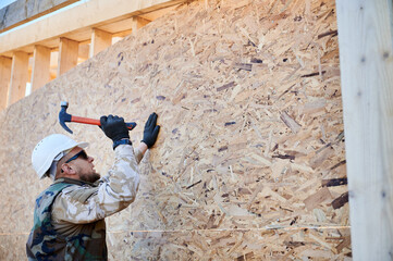 Wall Mural - Carpenter hammering nail into OSB panel on the wall of future cottage. Man worker building wooden frame house. Carpentry and construction concept.