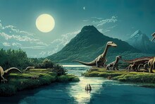 Dinosaurs Living By The River Illustration