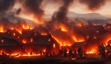 Medieval Village Is On Fire, Houses Are Engulfed In Flames, Fire In City. Attack Of The Viking Barbarians On The Medieval Village Settlement. War In The Kingdom. 3d Illustration