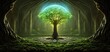 Tree of life, center of universe. Magical divine tree of immortality in a fabulous heavenly forest. Sacred source of the planet life. 3d illustration