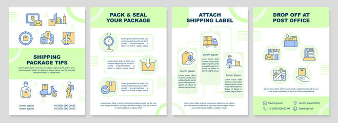 Shipping package tips light green brochure template. Leaflet design with linear icons. Editable 4 vector layouts for presentation, annual reports. Arial-Black, Myriad Pro-Regular fonts used