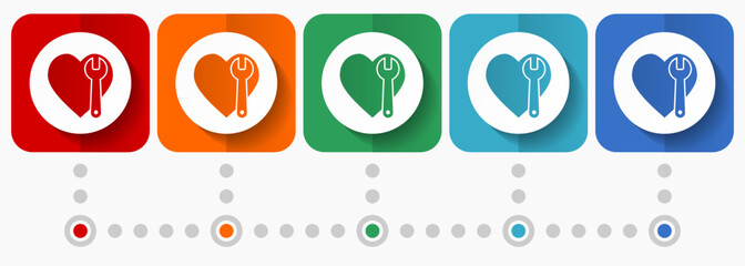 Fototapete - Wrench and heart vector icons, infographic template, set of flat design symbols in 5 color options