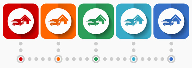 Aufkleber - Home delivery, shipping, courier vector icons, infographic template, set of flat design symbols in 5 color options
