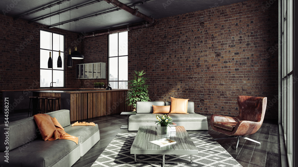 Living room loft in industrial style ,3d render Stock Illustration ...