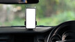 Universal mount holder with smart phone on windshield of automobile for GPS. White screen for your advertise text