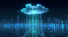 Upload Into The Data Cloud. Data Uploaded Into The Cloud. A 3D Rendering Of A Photorealistic Cloud In Front Of A Dark Background. Glowing Bits Of Data Are Flying Towards The Cloud Server To Be Stored.