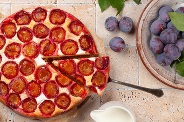 Wall Mural - Homemade plum pie. Fruit tart with seasonal fruits