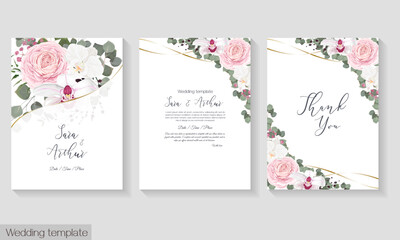 Wall Mural - Vector floral set for wedding invitations. Pink roses, ranunculus, white orchids, eucalyptus, green plants and leaves. All elements are isolated. 