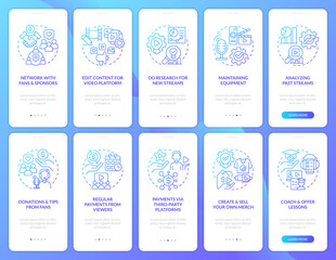 Live streaming production blue gradient onboarding mobile app screen set. Walkthrough 5 steps graphic instructions with linear concepts. UI, UX, GUI template. Myriad Pro-Bold, Regular fonts used