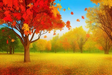 Canvas Print - Autumn decoration background with trees house cartoon style, copy space text, 3d rendering illustration