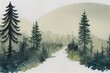 © AkuAku - wedding invitation with watercolor landscape pine tree