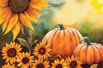 Poster - Pumpkin, sunflower, bird isolated on white. Marker art and watercolor illustration. Perfect for thanksgiving day design, card, banner, template, decoration, print