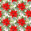 Poinsettia seamless pattern. Red poinsettia, watercolor christmas surface pattern design. Christmas digital wrapping paper. Christmas floral print. 