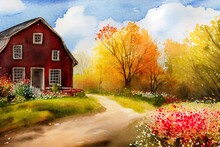 Hand Drawn Watercolor Painting Of Autumn Cottage Scenery Painting. Landscape Painting With White Building, Red Barn,house, Trees, Garden,grass,plants,fence,gazebo, Flowers And Sunny Blue Sky For Print